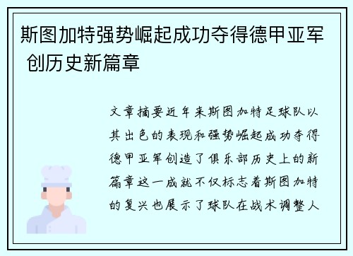 斯图加特强势崛起成功夺得德甲亚军 创历史新篇章