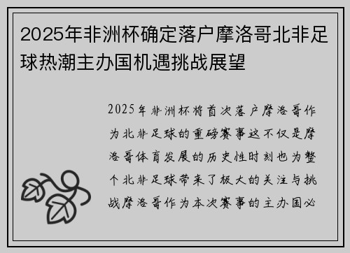 2025年非洲杯确定落户摩洛哥北非足球热潮主办国机遇挑战展望